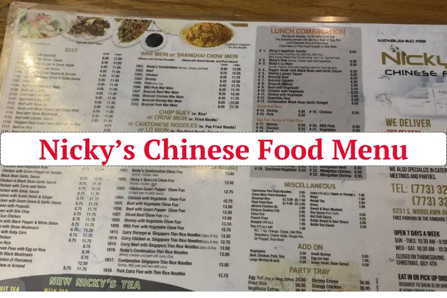 Nicky’s Chinese Food Menu